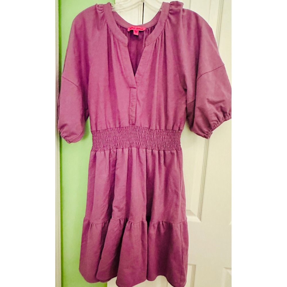 Betsey Johnson Dress Womens Large L Purple Smocked Waist Tiered Short Sleeve